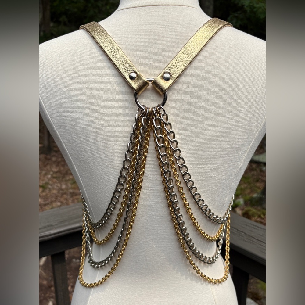 Gold & Silver Unisex Leather & Chains Body Harness